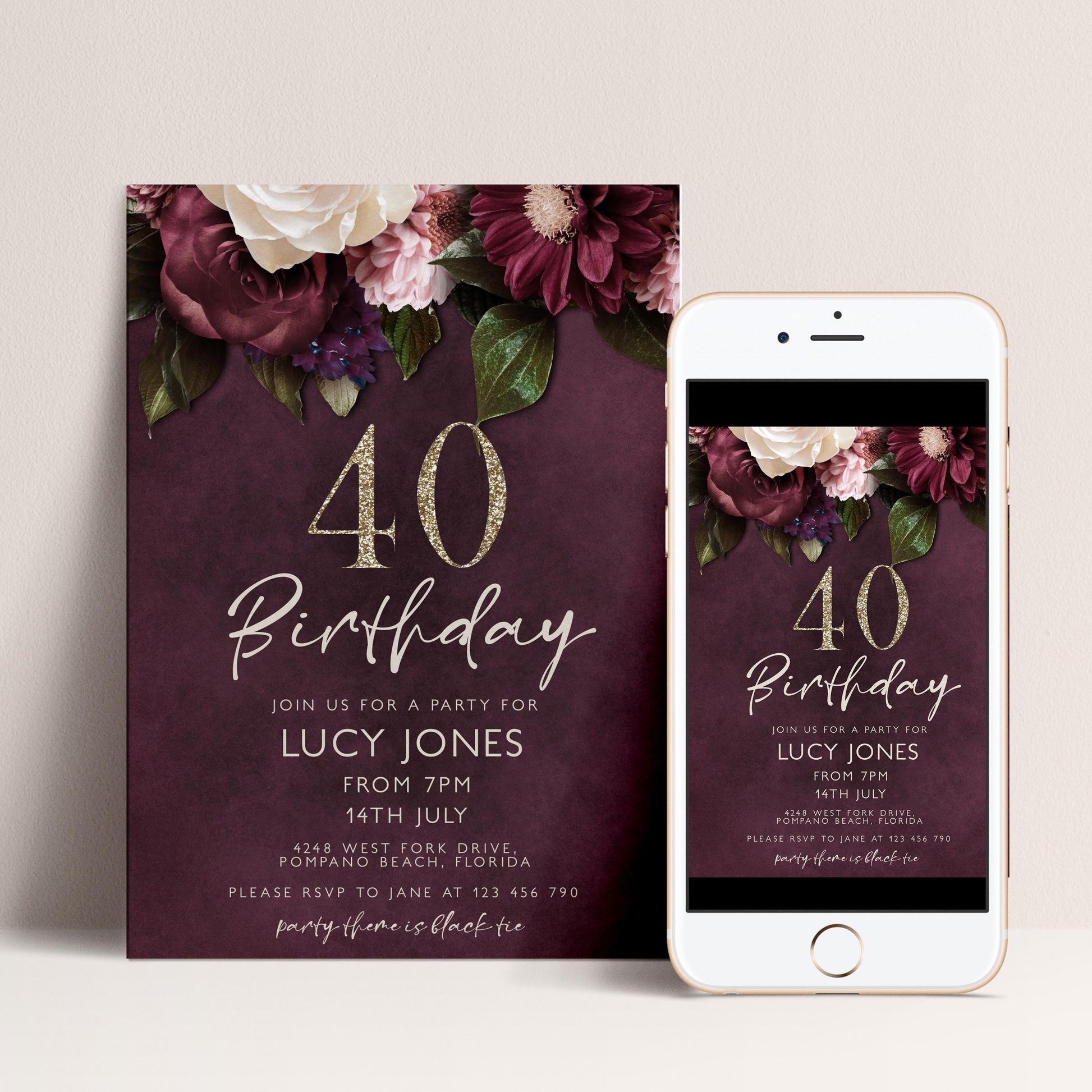 40th Birthday Invitation for Women, Burgundy Floral Party Invite with Gold Glitter, Editable Corjl Template, Digital Instant Download
