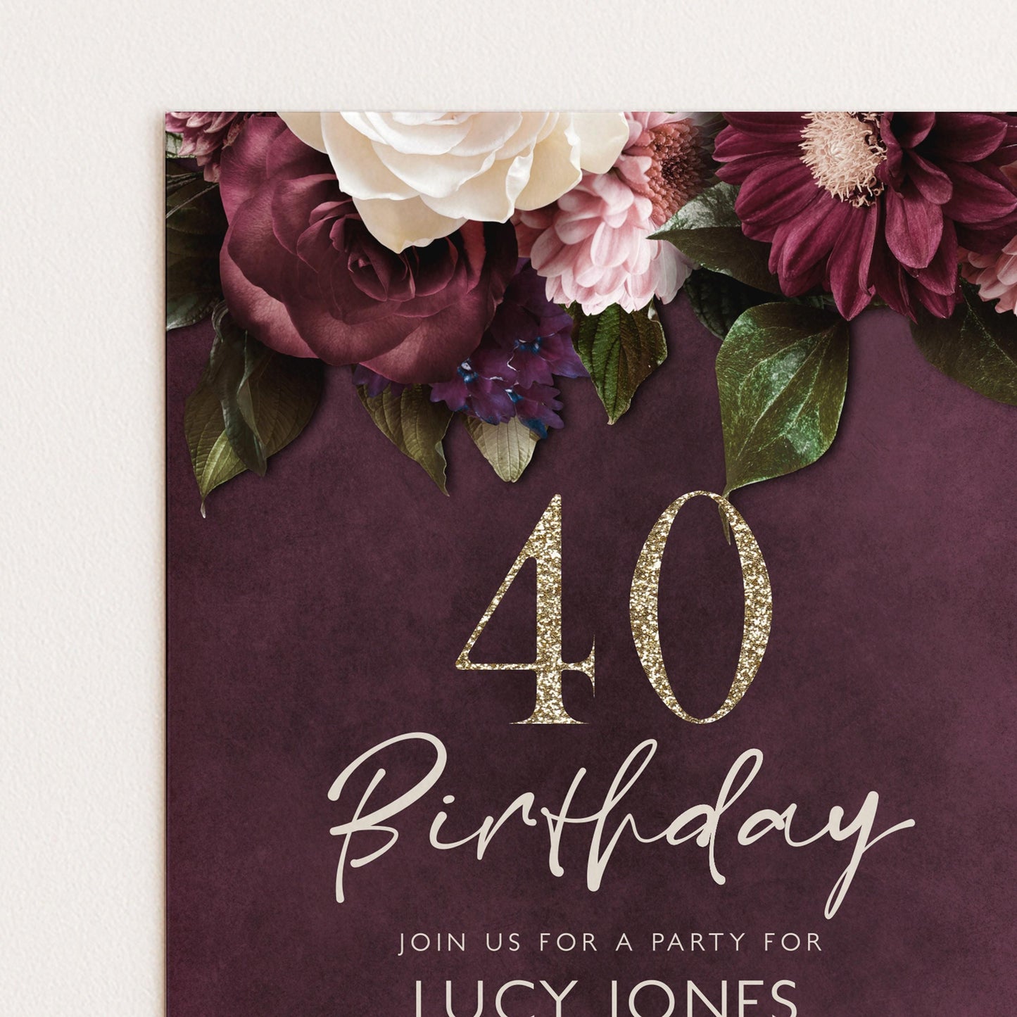 40th Birthday Invitation for Women, Burgundy Floral Party Invite with Gold Glitter, Editable Corjl Template, Digital Instant Download