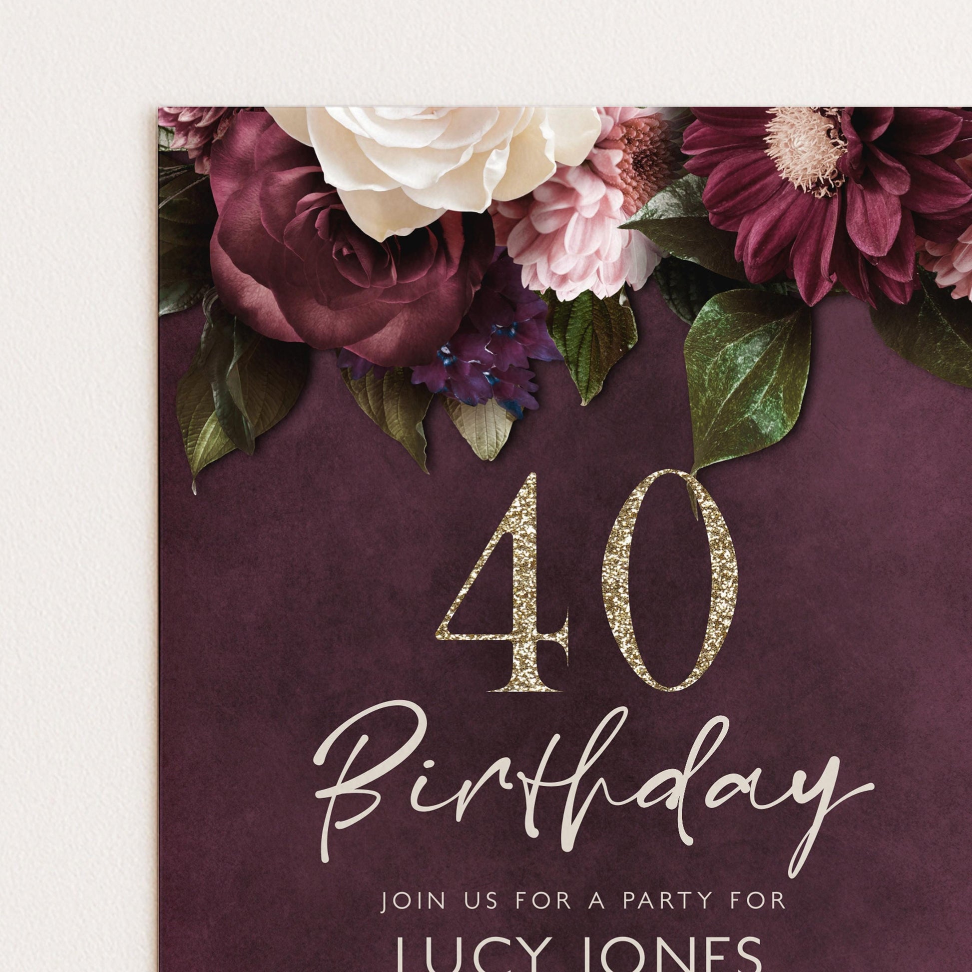 40th Birthday Invitation for Women, Burgundy Floral Party Invite with Gold Glitter, Editable Corjl Template, Digital Instant Download