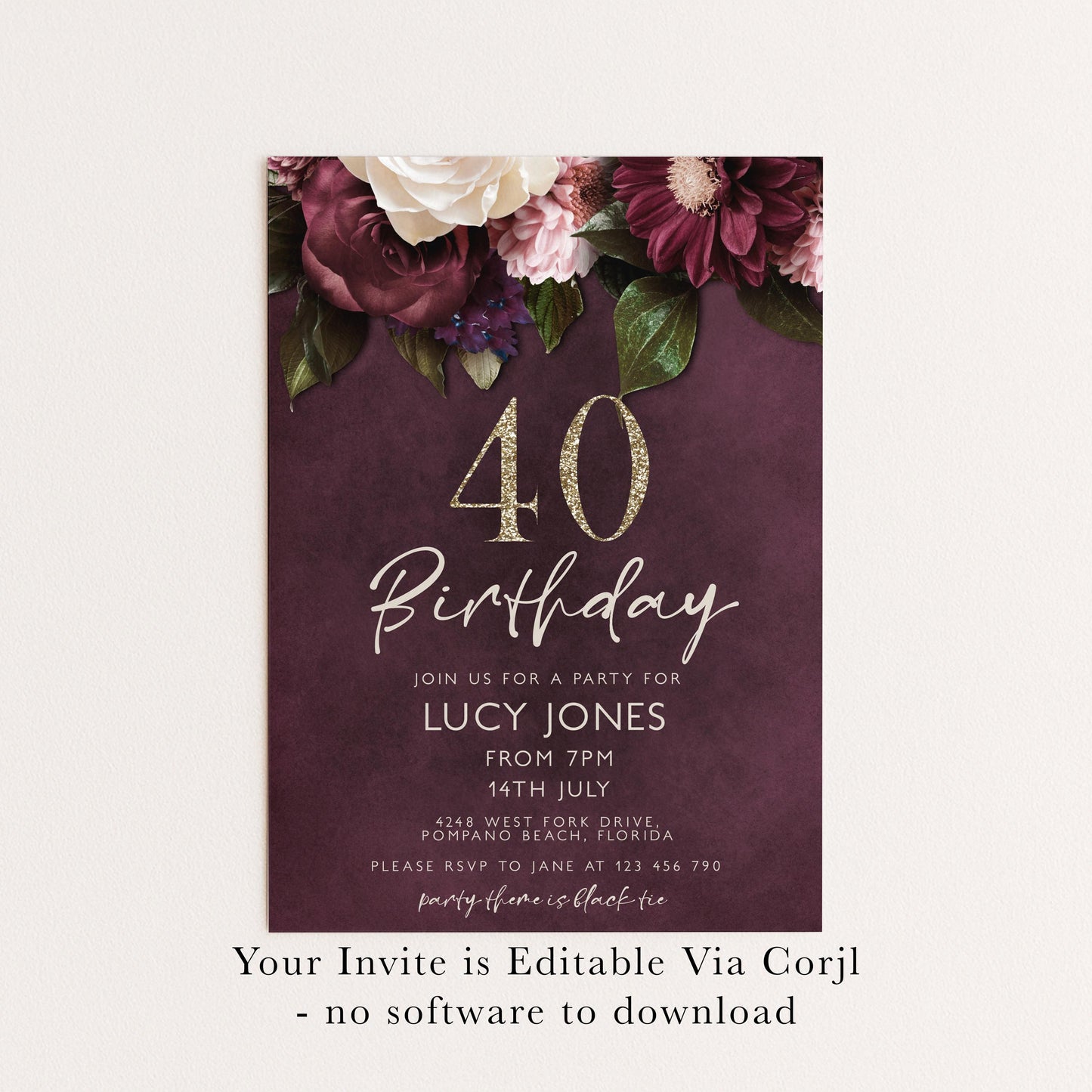 40th Birthday Invitation for Women, Burgundy Floral Party Invite with Gold Glitter, Editable Corjl Template, Digital Instant Download