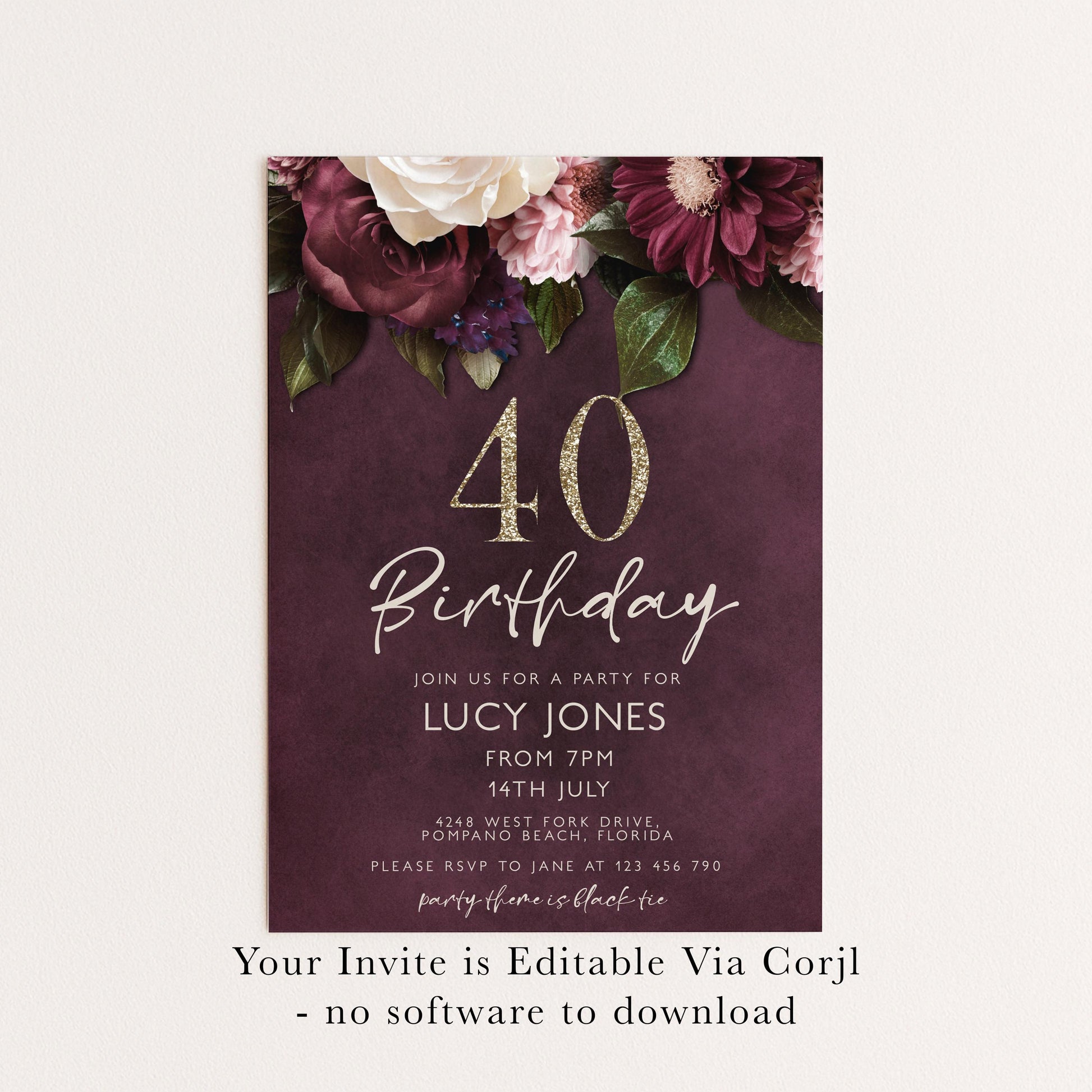 40th Birthday Invitation for Women, Burgundy Floral Party Invite with Gold Glitter, Editable Corjl Template, Digital Instant Download
