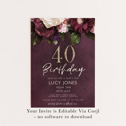 40th Birthday Invitation for Women, Burgundy Floral Party Invite with Gold Glitter, Editable Corjl Template, Digital Instant Download