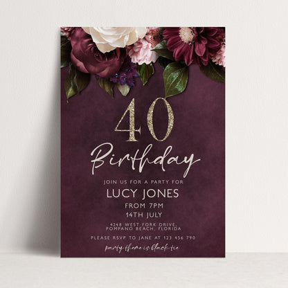 40th Birthday Invitation for Women, Burgundy Floral Party Invite with Gold Glitter, Editable Corjl Template, Digital Instant Download