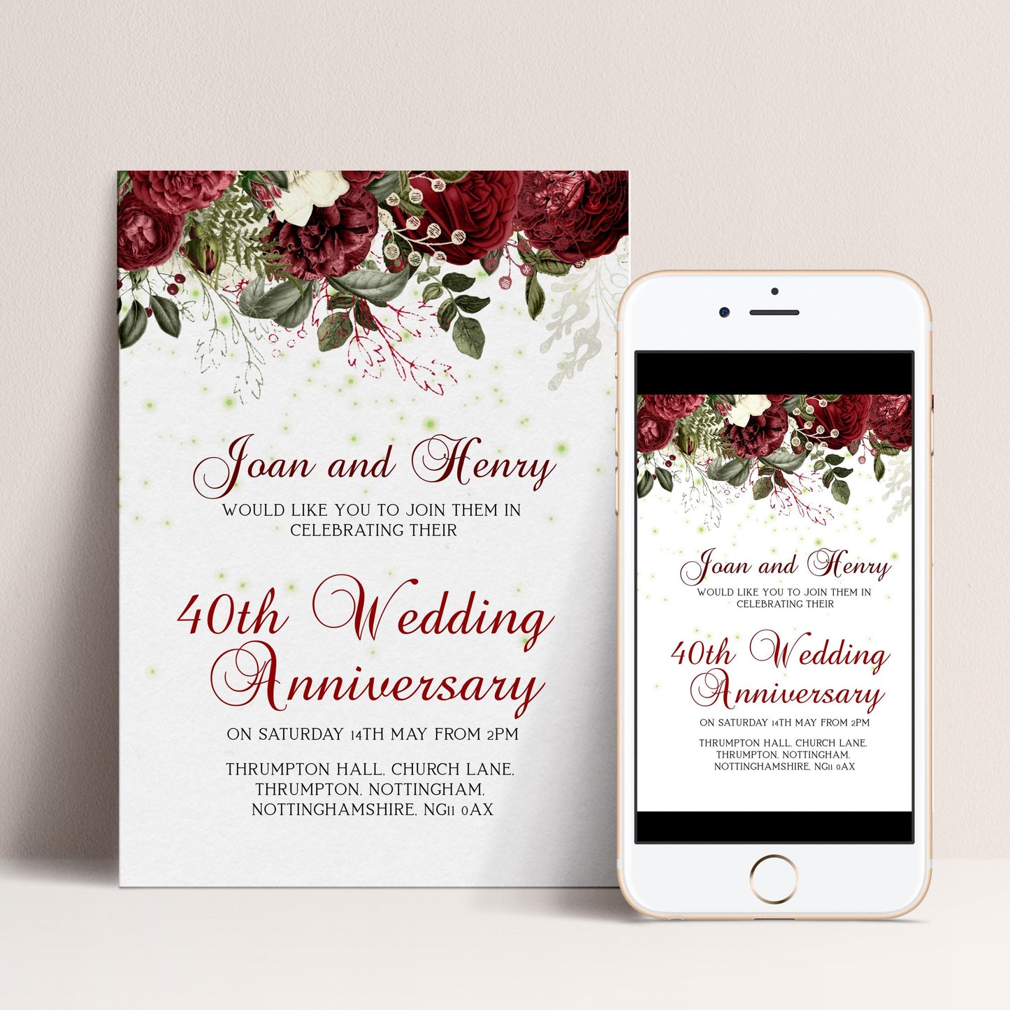 40th Ruby Wedding Anniversary Invitation, Editable Template Printable Anniversary Party Invite, 0054 Digital Download