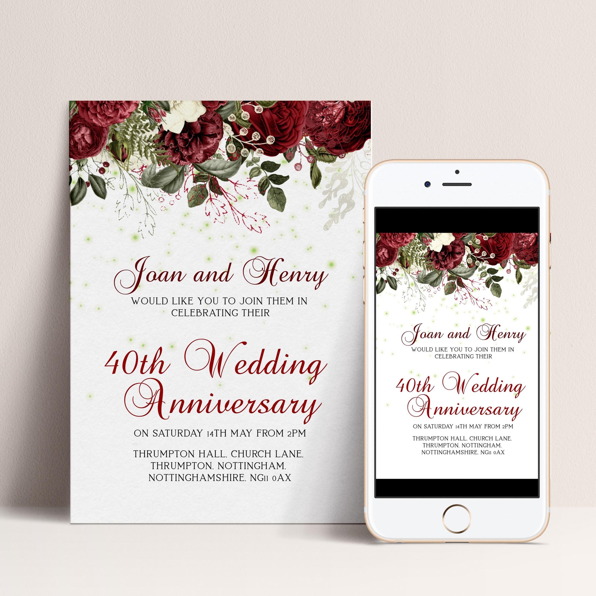 40th Ruby Wedding Anniversary Invitation, Editable Template Printable Anniversary Party Invite, 0054 Digital Download