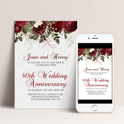 40th Ruby Wedding Anniversary Invitation, Editable Template Printable Anniversary Party Invite, 0054 Digital Download