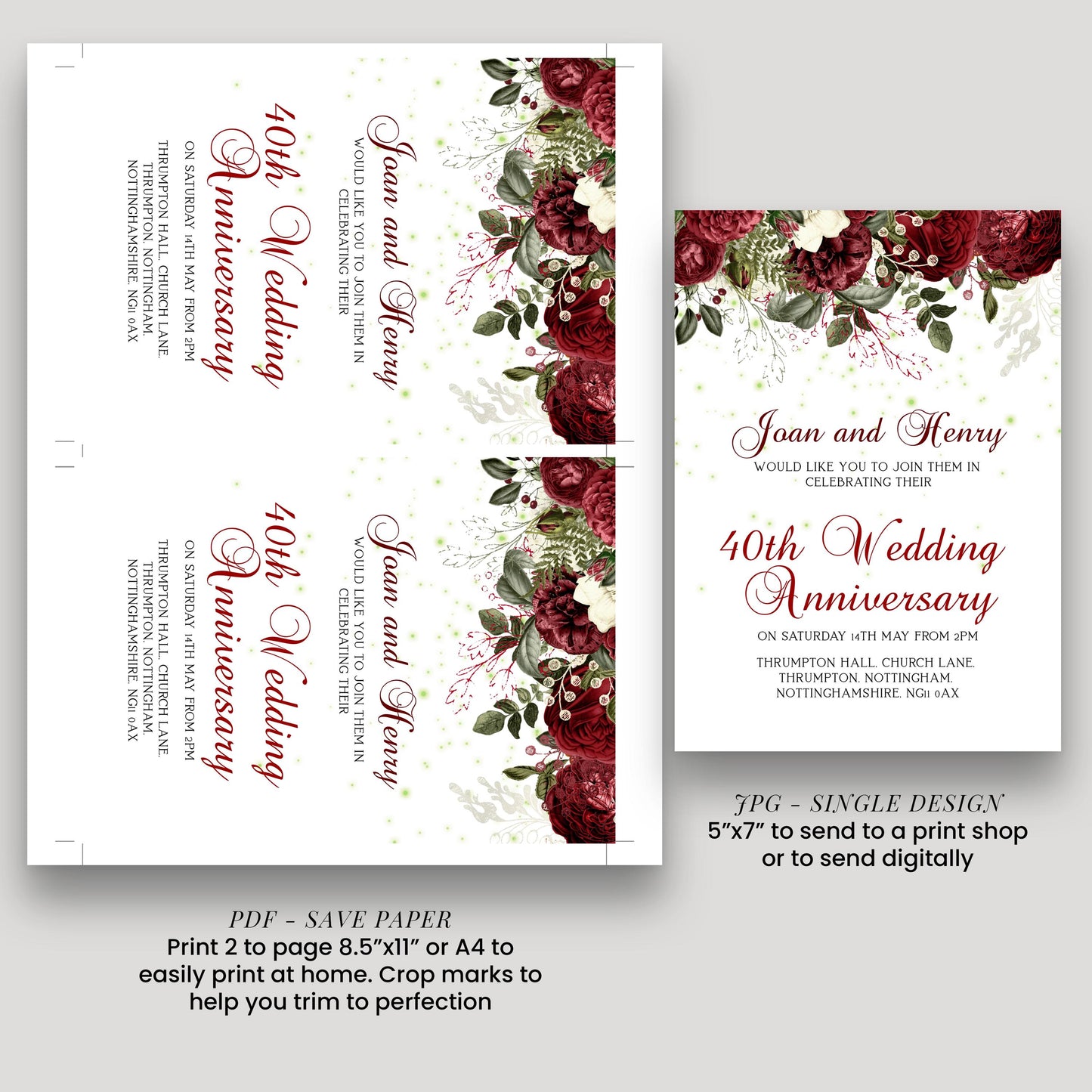 40th Ruby Wedding Anniversary Invitation, Editable Template Printable Anniversary Party Invite, 0054 Digital Download