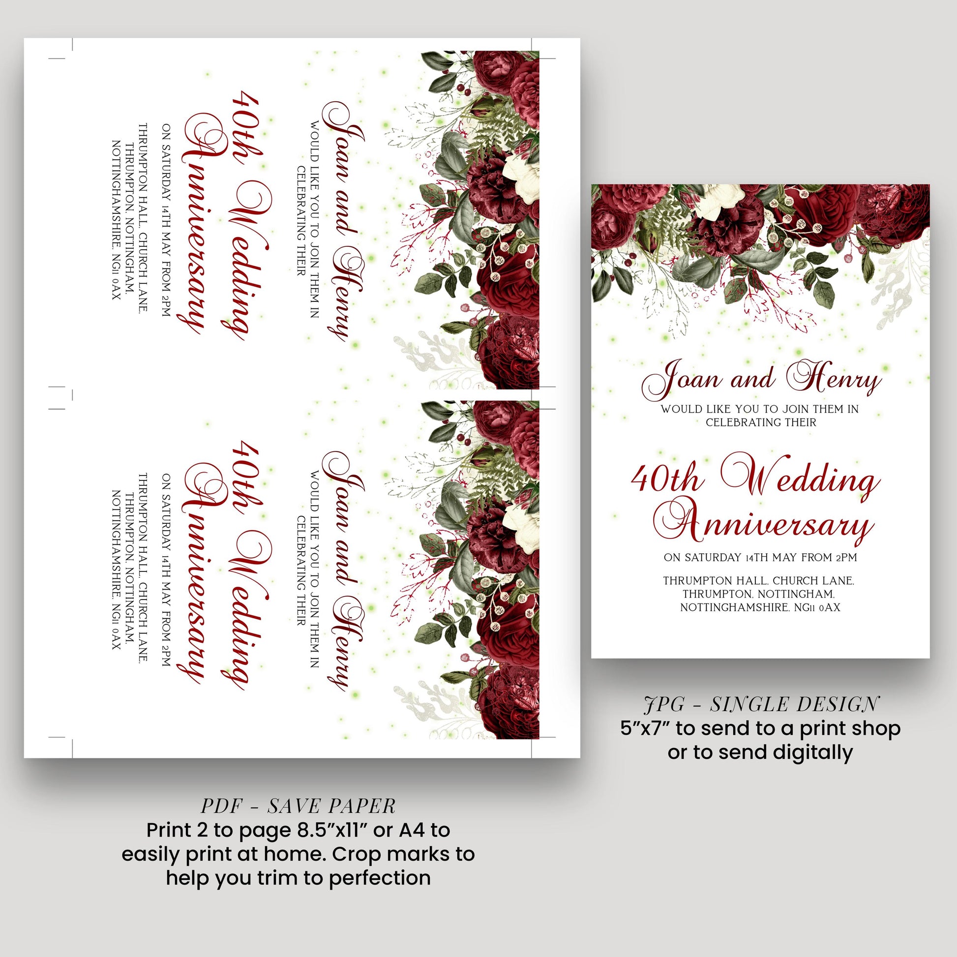 40th Ruby Wedding Anniversary Invitation, Editable Template Printable Anniversary Party Invite, 0054 Digital Download