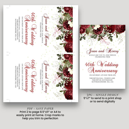 40th Ruby Wedding Anniversary Invitation, Editable Template Printable Anniversary Party Invite, 0054 Digital Download