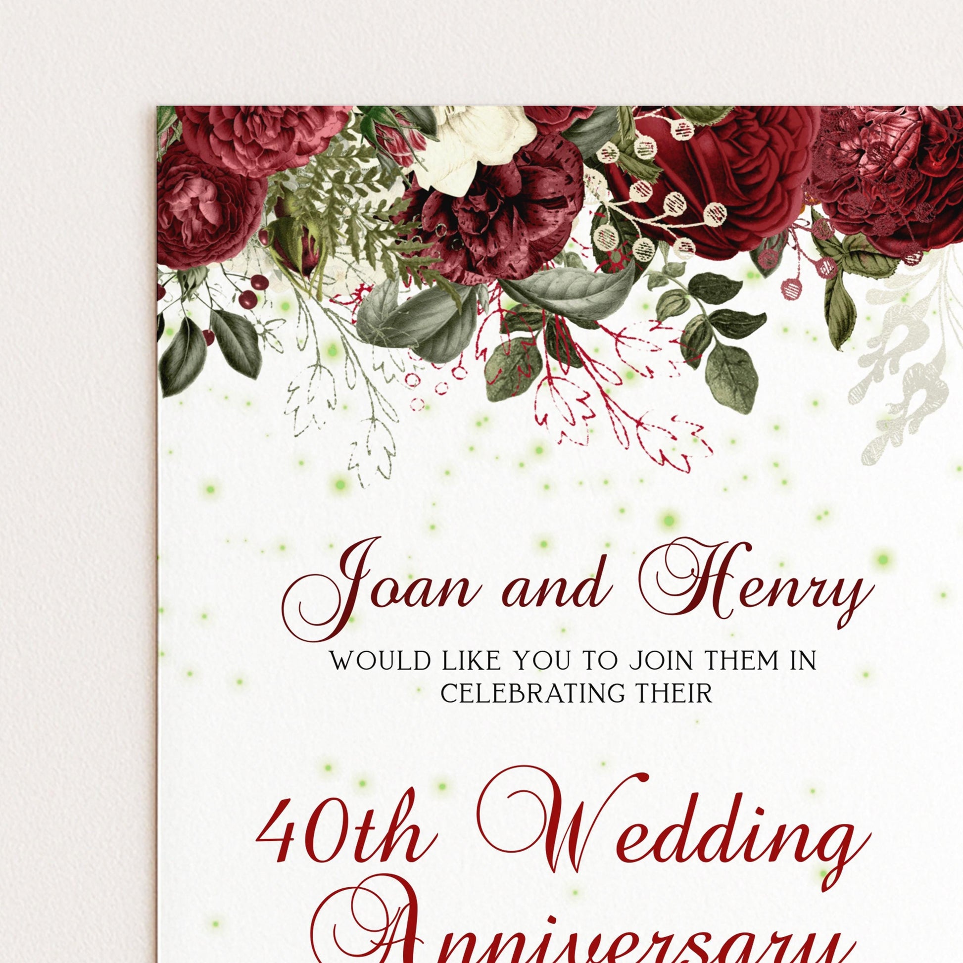 40th Ruby Wedding Anniversary Invitation, Editable Template Printable Anniversary Party Invite, 0054 Digital Download