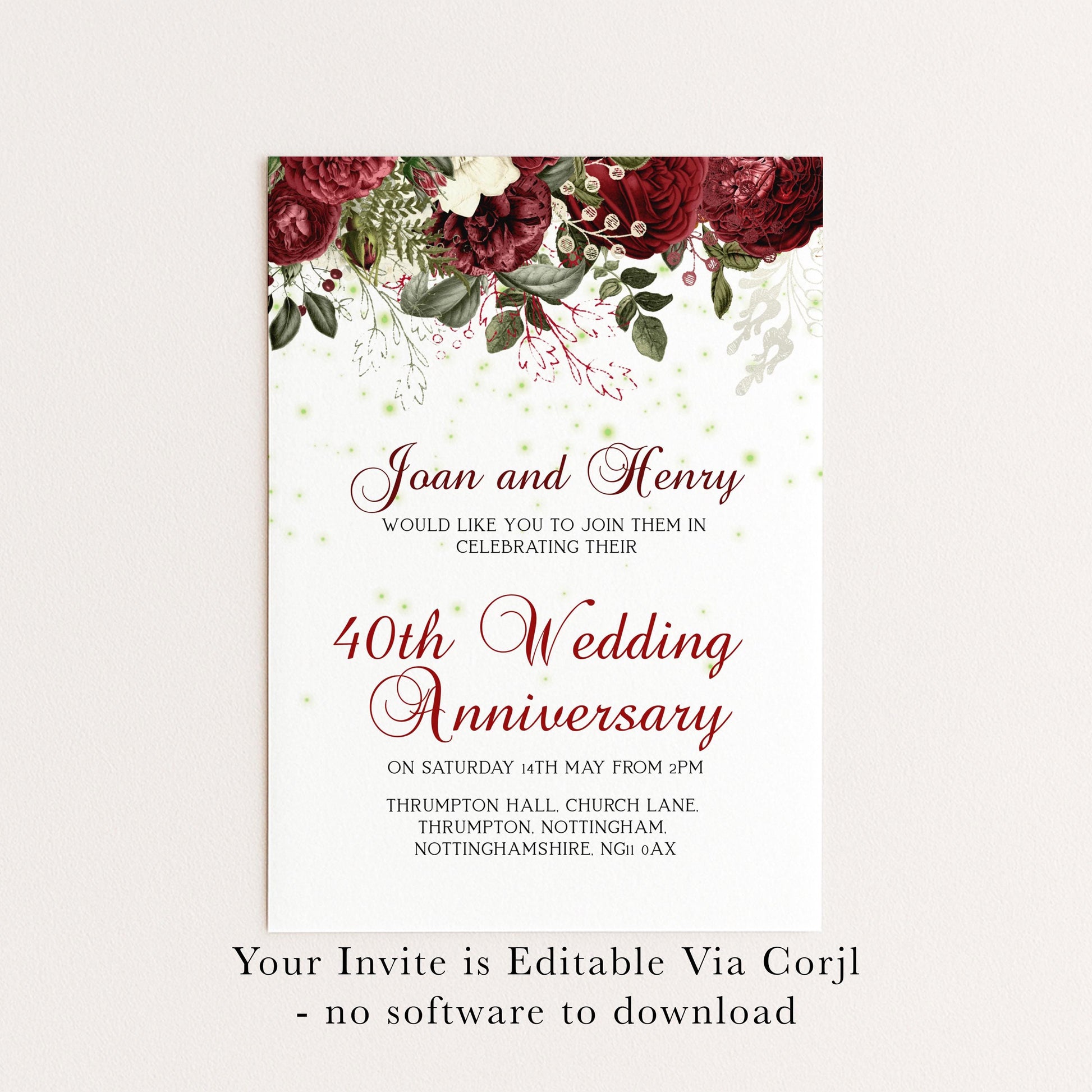 40th Ruby Wedding Anniversary Invitation, Editable Template Printable Anniversary Party Invite, 0054 Digital Download