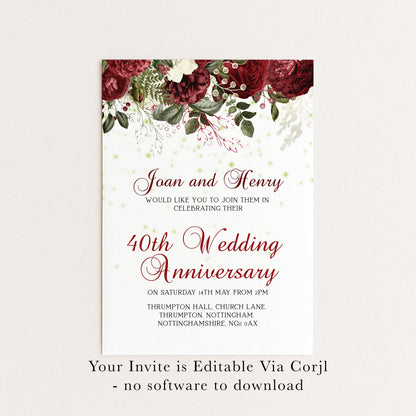 40th Ruby Wedding Anniversary Invitation, Editable Template Printable Anniversary Party Invite, 0054 Digital Download