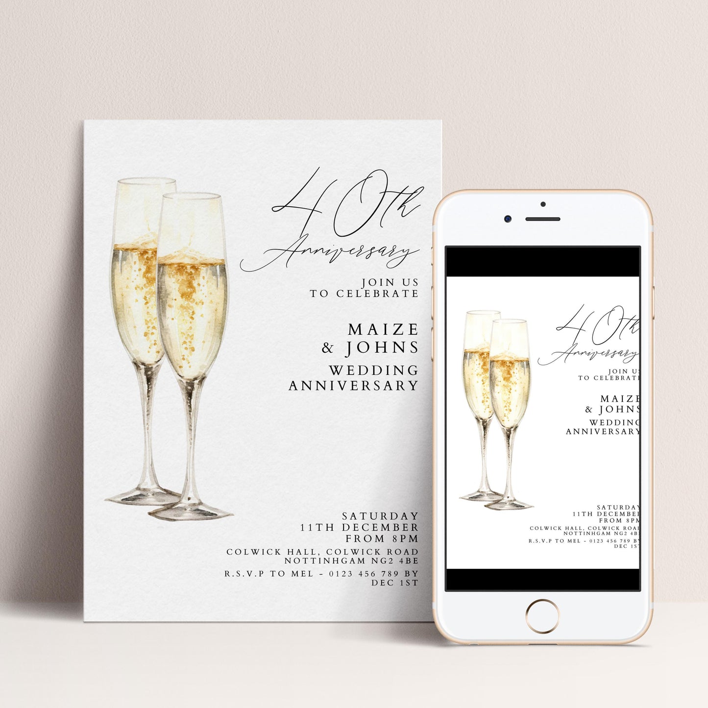 40th Wedding Anniversary Invitation, Ruby Anniversary Party Invite, Editable Champagne Anniversary Invitation