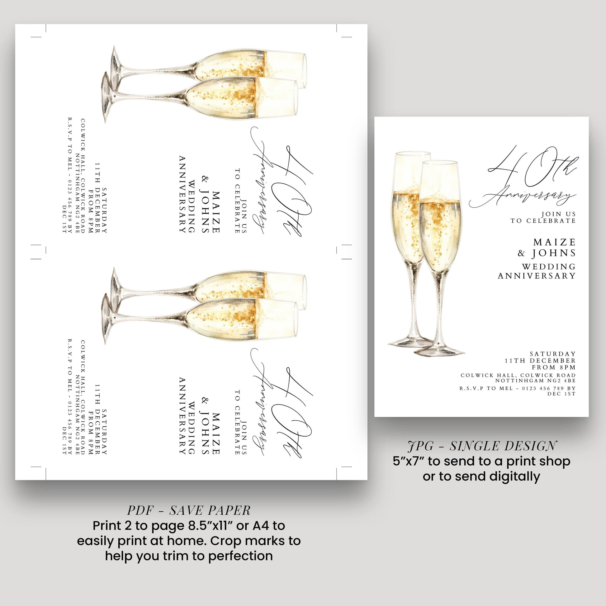 40th Wedding Anniversary Invitation, Ruby Anniversary Party Invite, Editable Champagne Anniversary Invitation