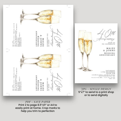 40th Wedding Anniversary Invitation, Ruby Anniversary Party Invite, Editable Champagne Anniversary Invitation