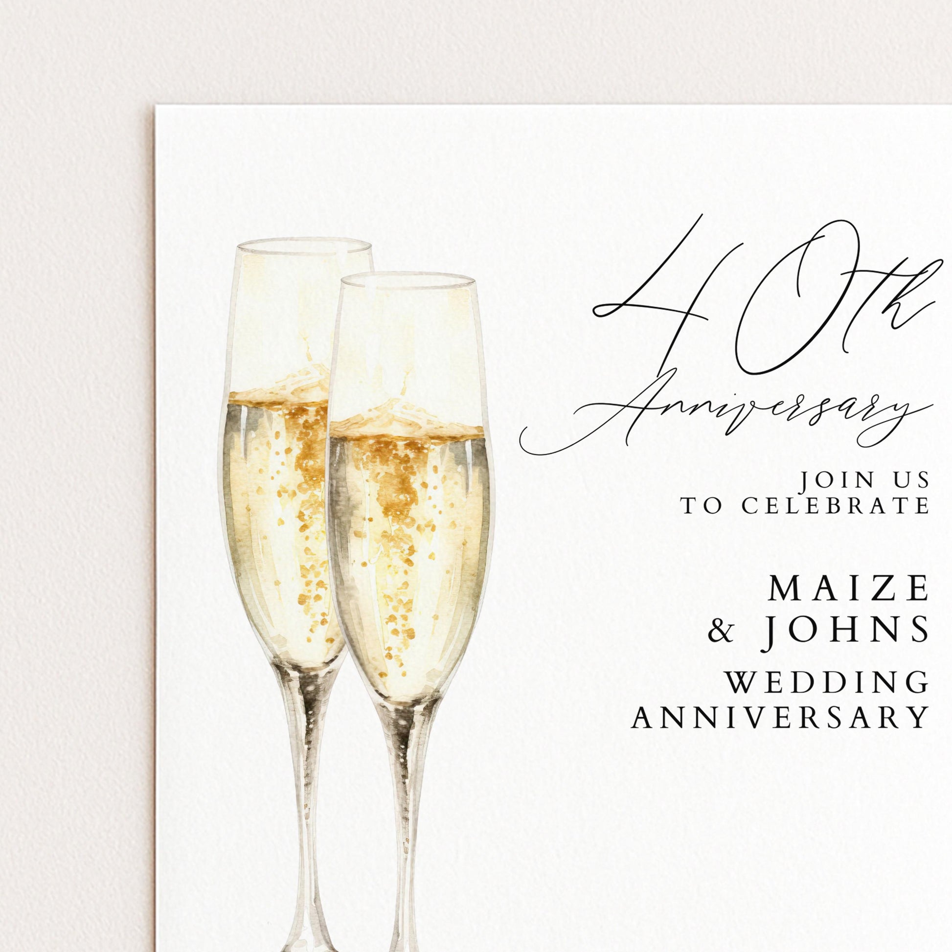 40th Wedding Anniversary Invitation, Ruby Anniversary Party Invite, Editable Champagne Anniversary Invitation