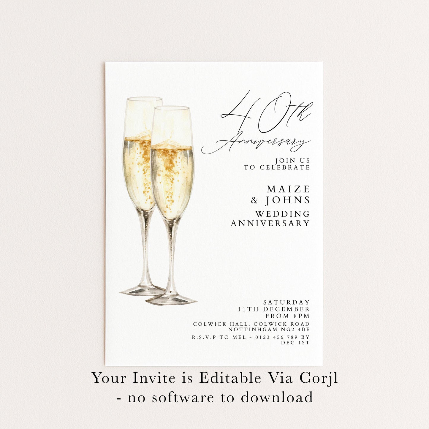 40th Wedding Anniversary Invitation, Ruby Anniversary Party Invite, Editable Champagne Anniversary Invitation