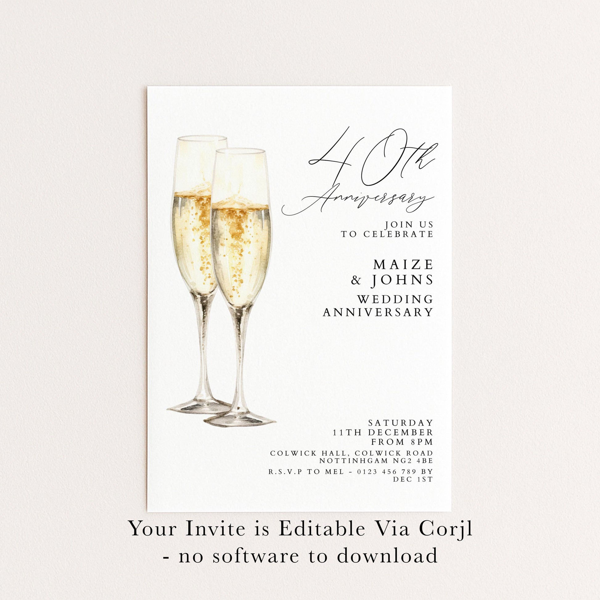 40th Wedding Anniversary Invitation, Ruby Anniversary Party Invite, Editable Champagne Anniversary Invitation