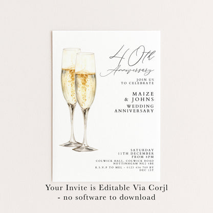 40th Wedding Anniversary Invitation, Ruby Anniversary Party Invite, Editable Champagne Anniversary Invitation