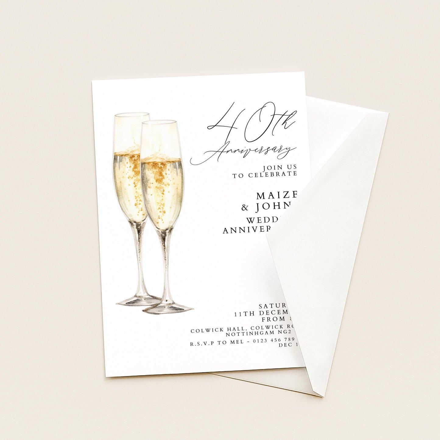 40th Wedding Anniversary Invitation, Ruby Anniversary Party Invite, Editable Champagne Anniversary Invitation