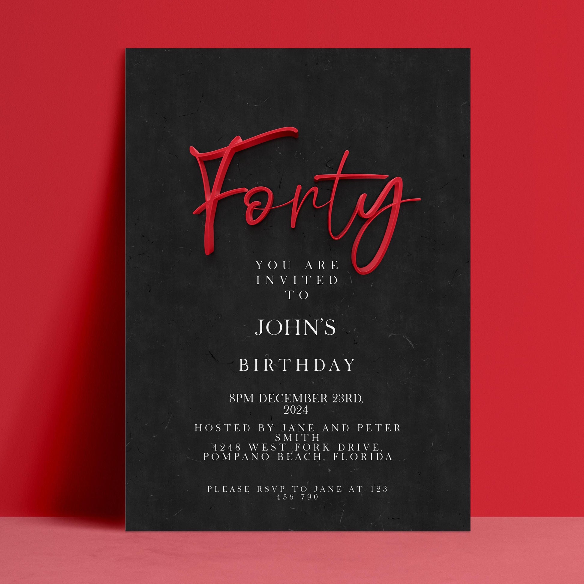 Editable 40th birthday invitation with bold red 3D Forty script on black textured background — digital download template via Corjl