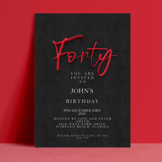 Editable 40th birthday invitation with bold red 3D Forty script on black textured background — digital download template via Corjl