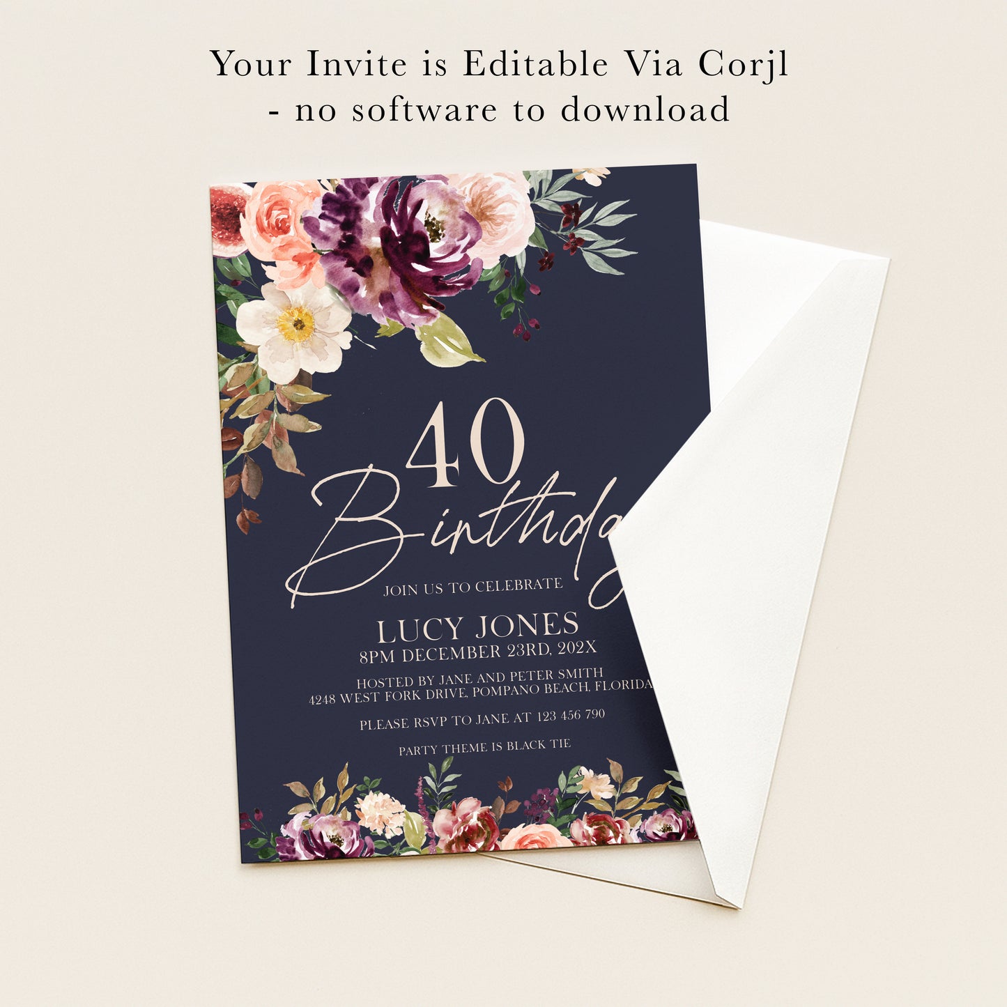 40th Birthday Invitation Navy Floral | Editable Digital Download Template | Printable Party Invite
