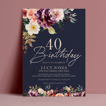 40th Birthday Invitation Navy Floral | Editable Digital Download Template | Printable Party Invite