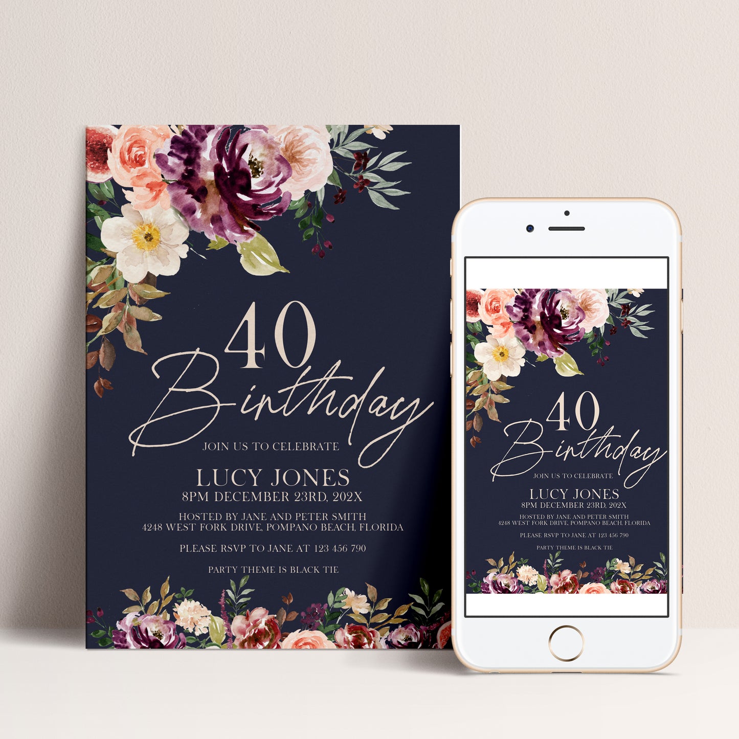 40th Birthday Invitation Navy Floral | Editable Digital Download Template | Printable Party Invite