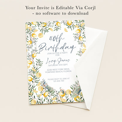 40th Birthday Invitation Lemon and Peacock | Editable Digital Download Template | Printable Garden Party Invite