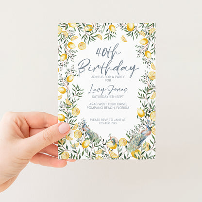40th Birthday Invitation Lemon and Peacock | Editable Digital Download Template | Printable Garden Party Invite