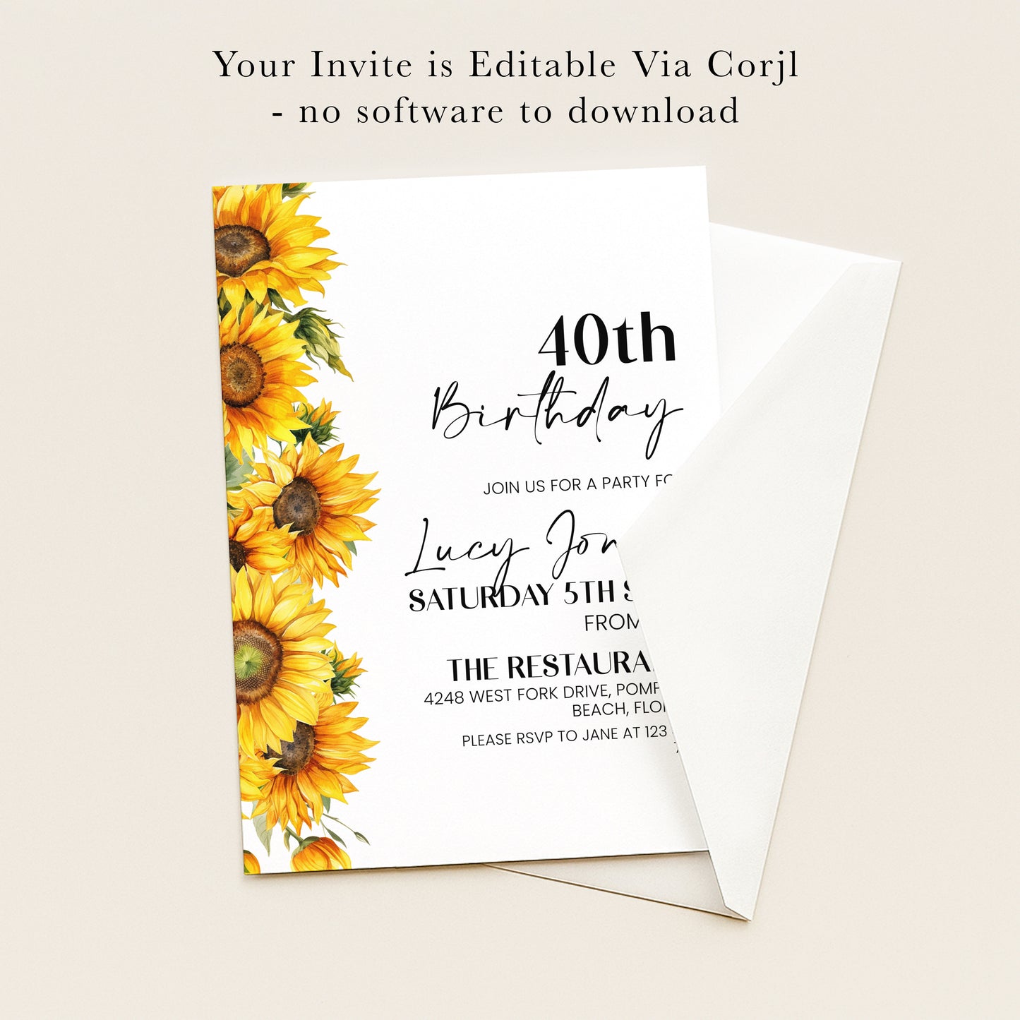 40th Birthday Invitation Sunflower | Editable Digital Download Template | Printable Party Invite