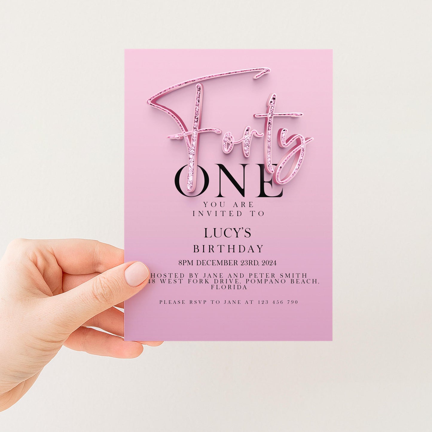 41st Birthday Invitation Editable invite Pink Sparkly invitation Simple Elegant For Her Instant Download Printable SPK