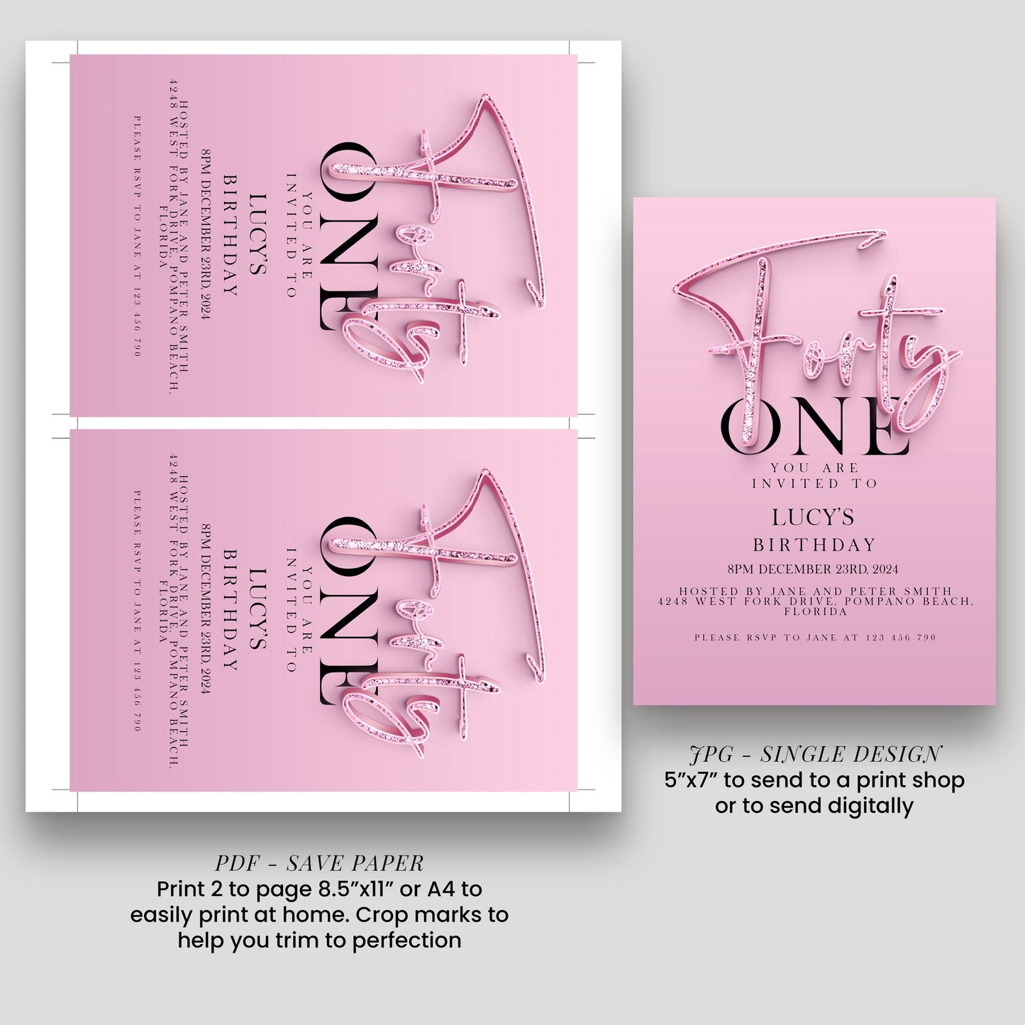 41st Birthday Invitation Editable invite Pink Sparkly invitation Simple Elegant For Her Instant Download Printable SPK