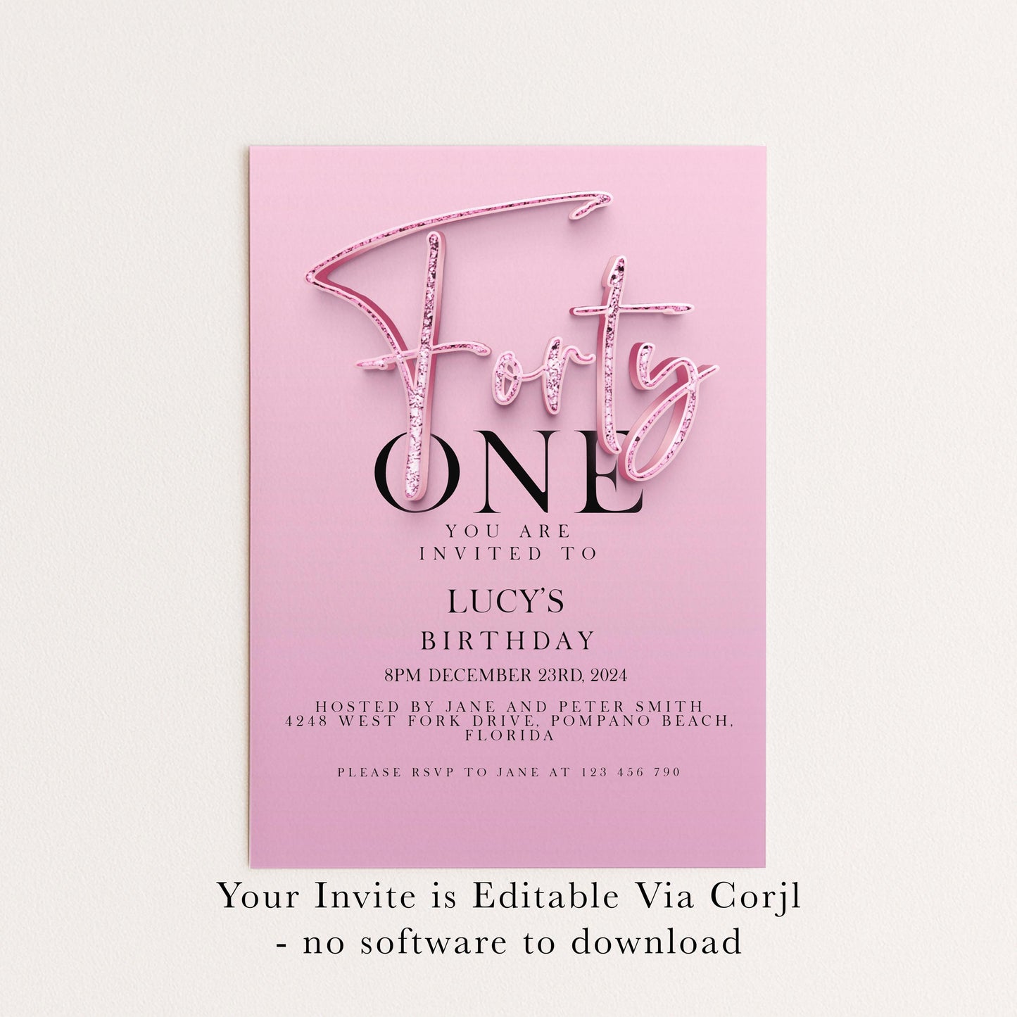 41st Birthday Invitation Editable invite Pink Sparkly invitation Simple Elegant For Her Instant Download Printable SPK