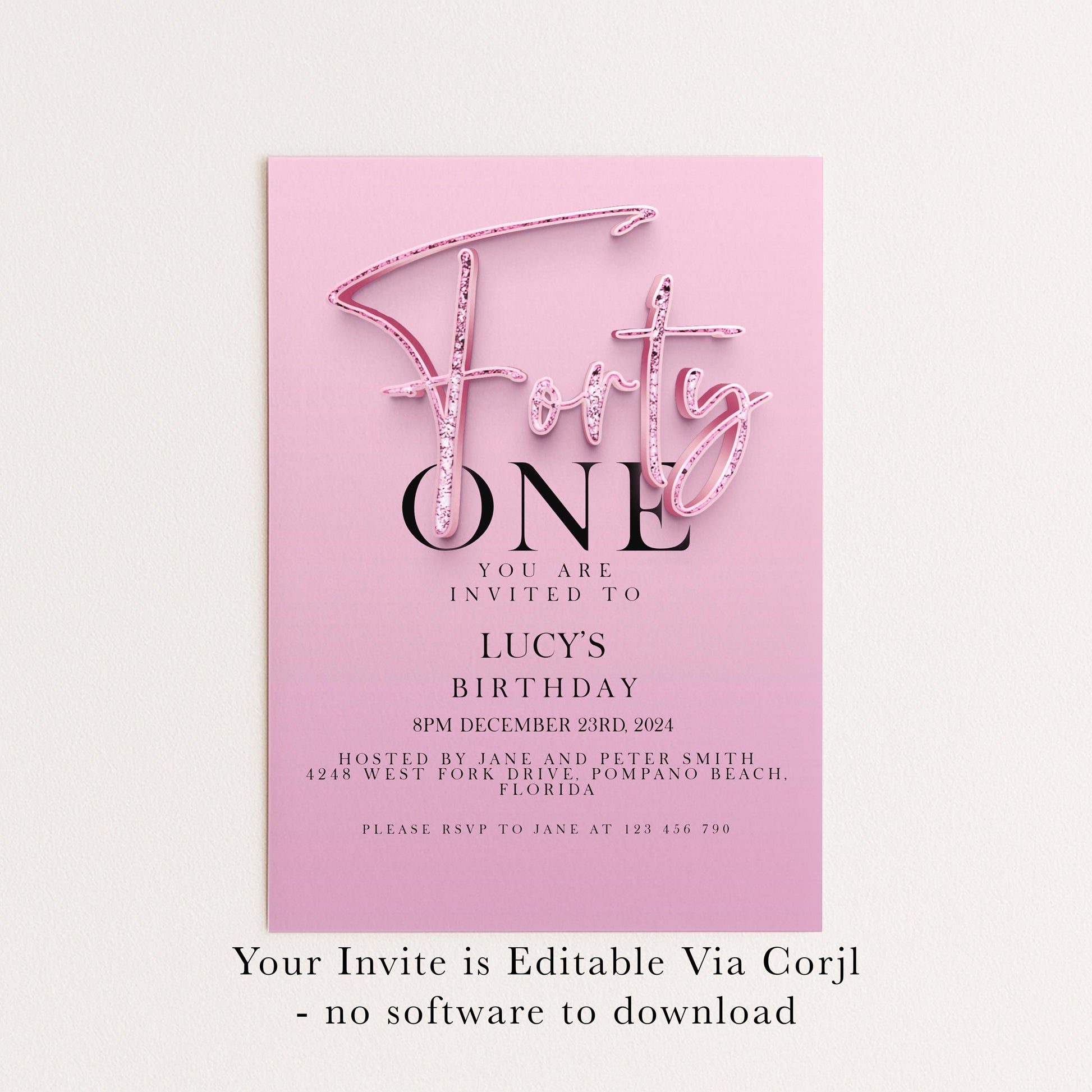 41st Birthday Invitation Editable invite Pink Sparkly invitation Simple Elegant For Her Instant Download Printable SPK