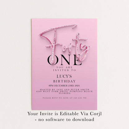 41st Birthday Invitation Editable invite Pink Sparkly invitation Simple Elegant For Her Instant Download Printable SPK