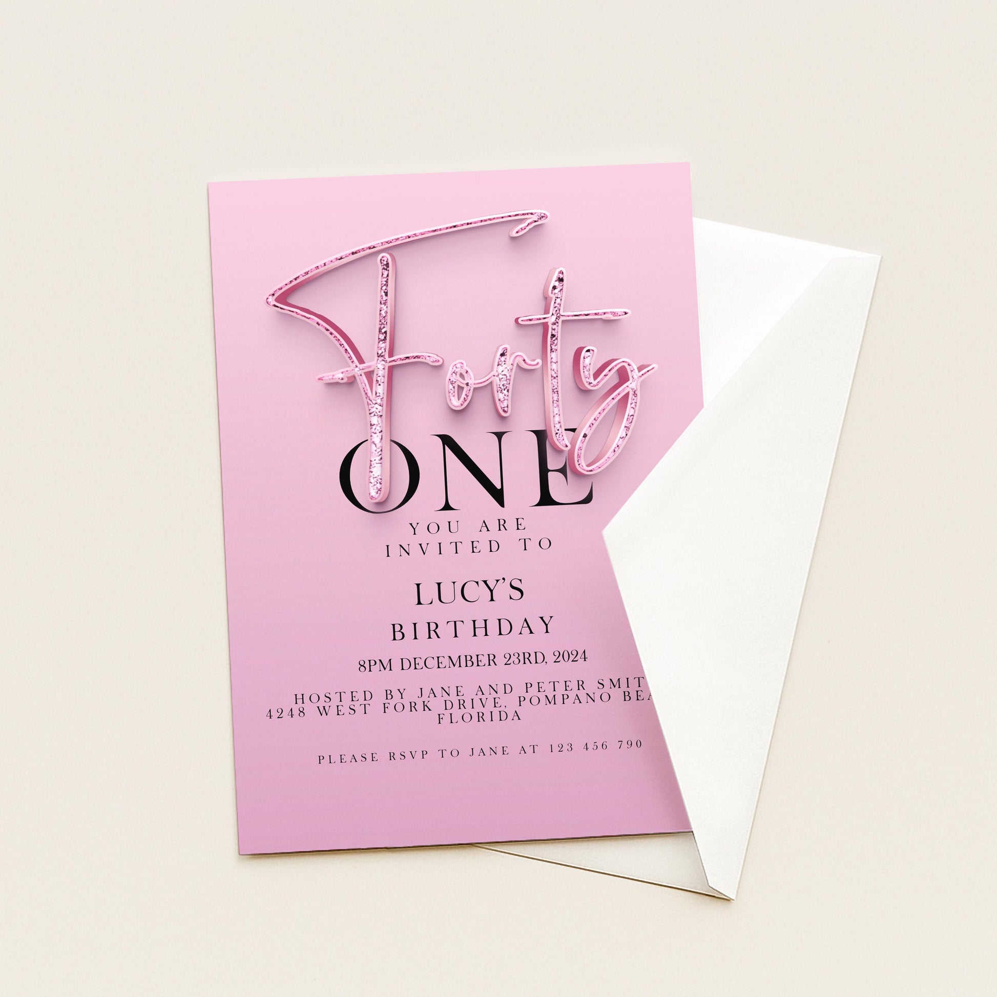 41st Birthday Invitation Editable invite Pink Sparkly invitation Simple Elegant For Her Instant Download Printable SPK