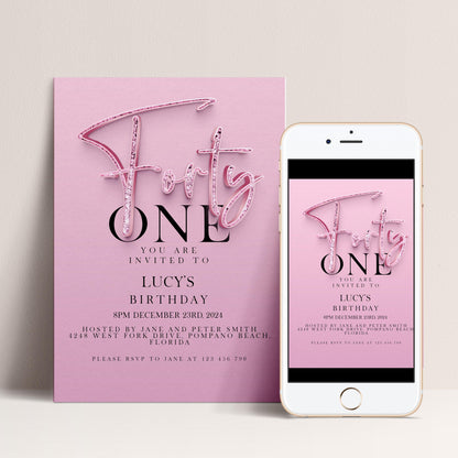 41st Birthday Invitation Editable invite Pink Sparkly invitation Simple Elegant For Her Instant Download Printable SPK