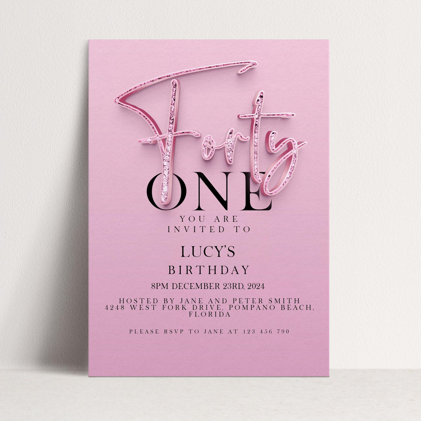 41st Birthday Invitation Editable invite Pink Sparkly invitation Simple Elegant For Her Instant Download Printable SPK