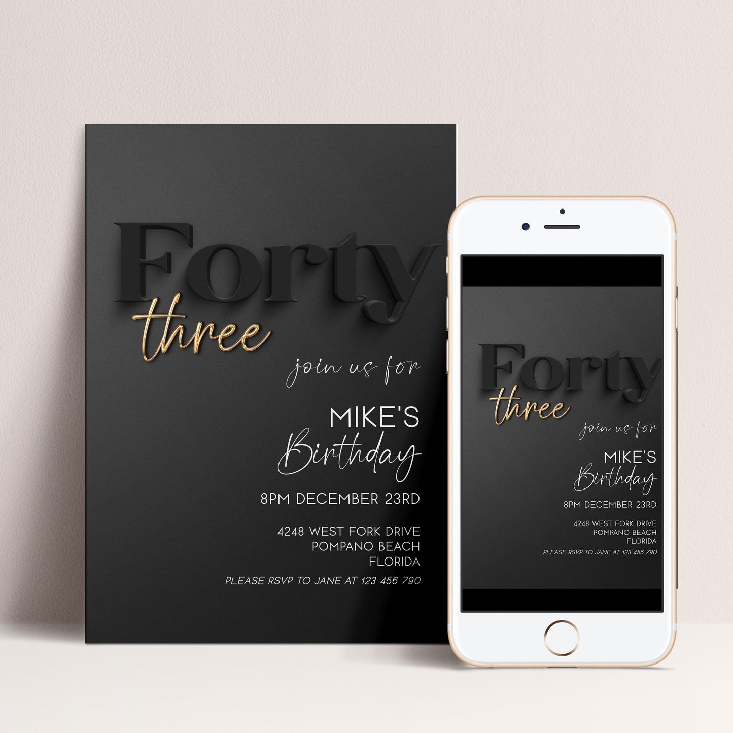 Editable 43rd Birthday Invitation Black and Gold, Modern Forty Three Invite, Corjl Template, Elegant Birthday Party Invitation for Him BG78