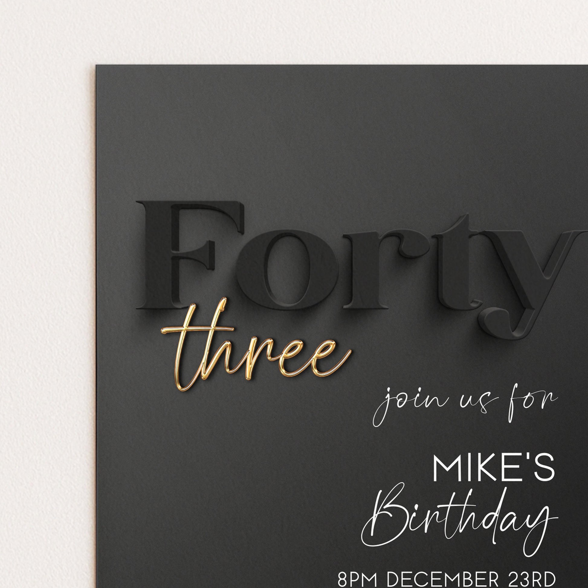 Editable 43rd Birthday Invitation Black and Gold, Modern Forty Three Invite, Corjl Template, Elegant Birthday Party Invitation for Him BG78