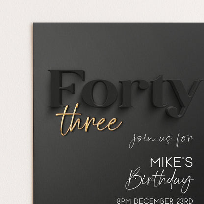 Editable 43rd Birthday Invitation Black and Gold, Modern Forty Three Invite, Corjl Template, Elegant Birthday Party Invitation for Him BG78