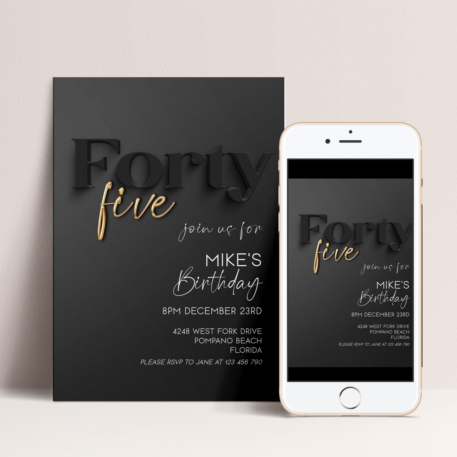 Editable 45th Birthday Invitation Black and Gold, Modern Forty Five Invite, Corjl Template, Elegant Birthday Party Invitation for Him BG78
