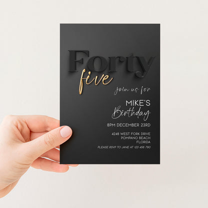 Editable 45th Birthday Invitation Black and Gold, Modern Forty Five Invite, Corjl Template, Elegant Birthday Party Invitation for Him BG78