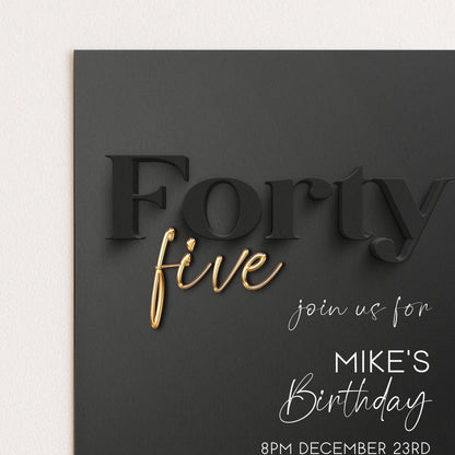 Editable 45th Birthday Invitation Black and Gold, Modern Forty Five Invite, Corjl Template, Elegant Birthday Party Invitation for Him BG78