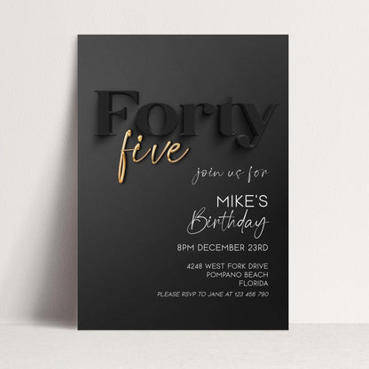 Editable 45th Birthday Invitation Black and Gold, Modern Forty Five Invite, Corjl Template, Elegant Birthday Party Invitation for Him BG78