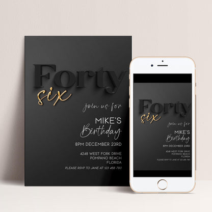 Editable 46th Birthday Invitation Black and Gold, Modern Forty Six Invite, Corjl Template, Elegant Birthday Party Invitation for Him BG78