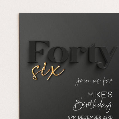 Editable 46th Birthday Invitation Black and Gold, Modern Forty Six Invite, Corjl Template, Elegant Birthday Party Invitation for Him BG78