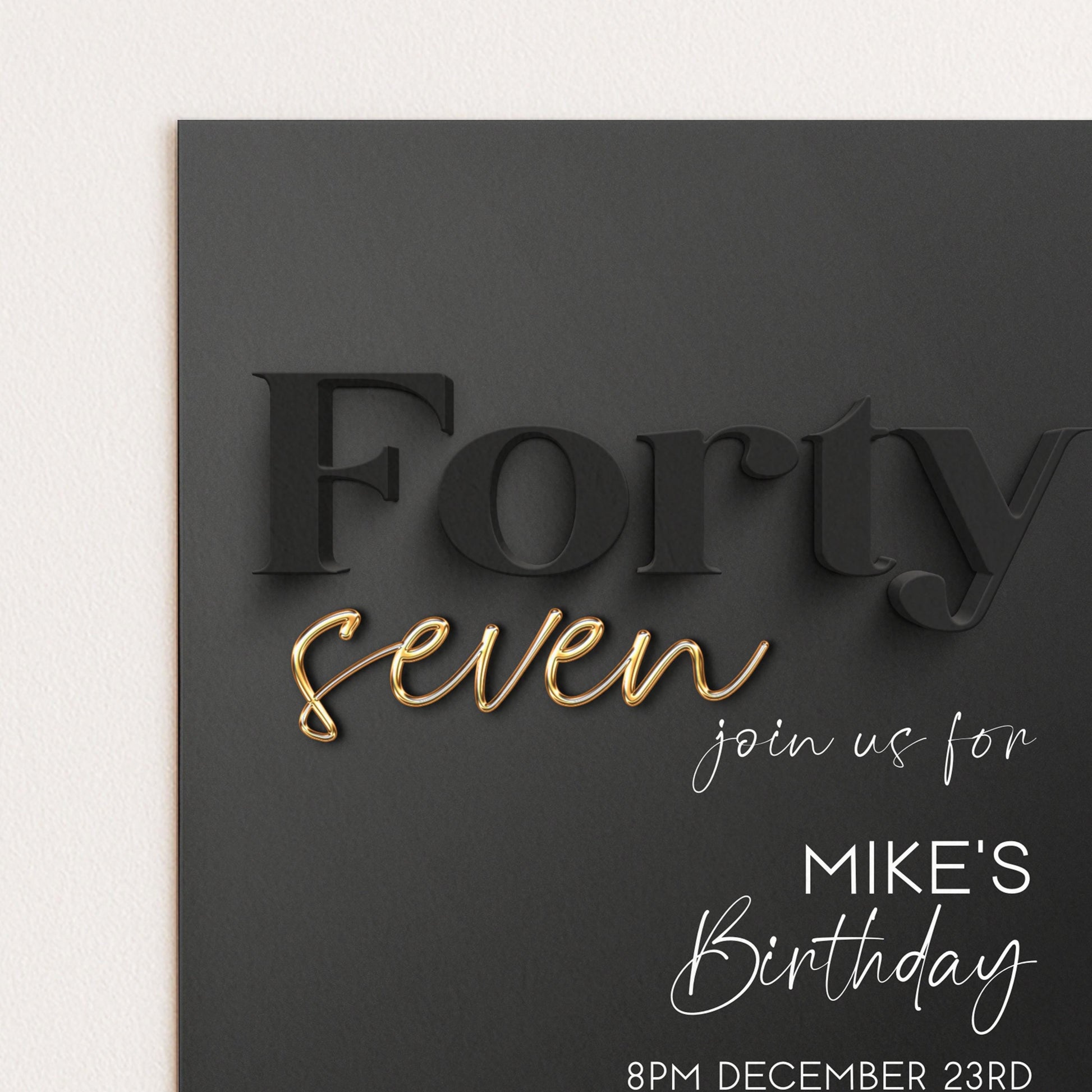 Editable 47th Birthday Invitation Black and Gold, Modern Forty Seven Invite, Corjl Template, Elegant Birthday Party Invitation for Him BG78